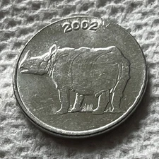2002 India Coin 25 paise Rhinoceros Animal Wildlife