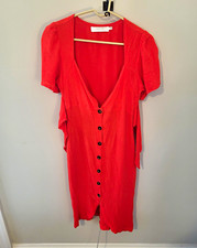 ASTR the Label Womens Red Solid V-Neck Puff Sleeve Button Midi Dress Size M