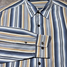 Tommy Bahama Men Button Down Shirt Size XL 100 Silk Blue Striped Long Sleeve