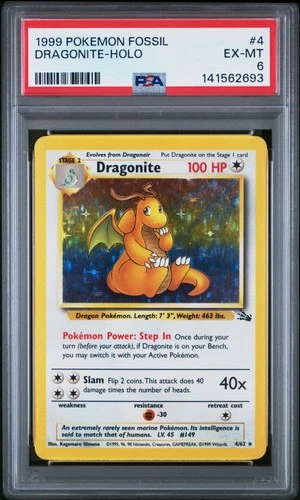1999 POKEMON FOSSIL #4 DRAGONITE-HOLO PSA 6