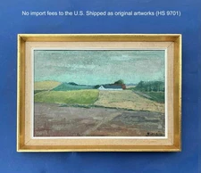 Ruth Falk (1923) Homestead Amid Rolling Fields. 1950s Danish Modern Oil. COA