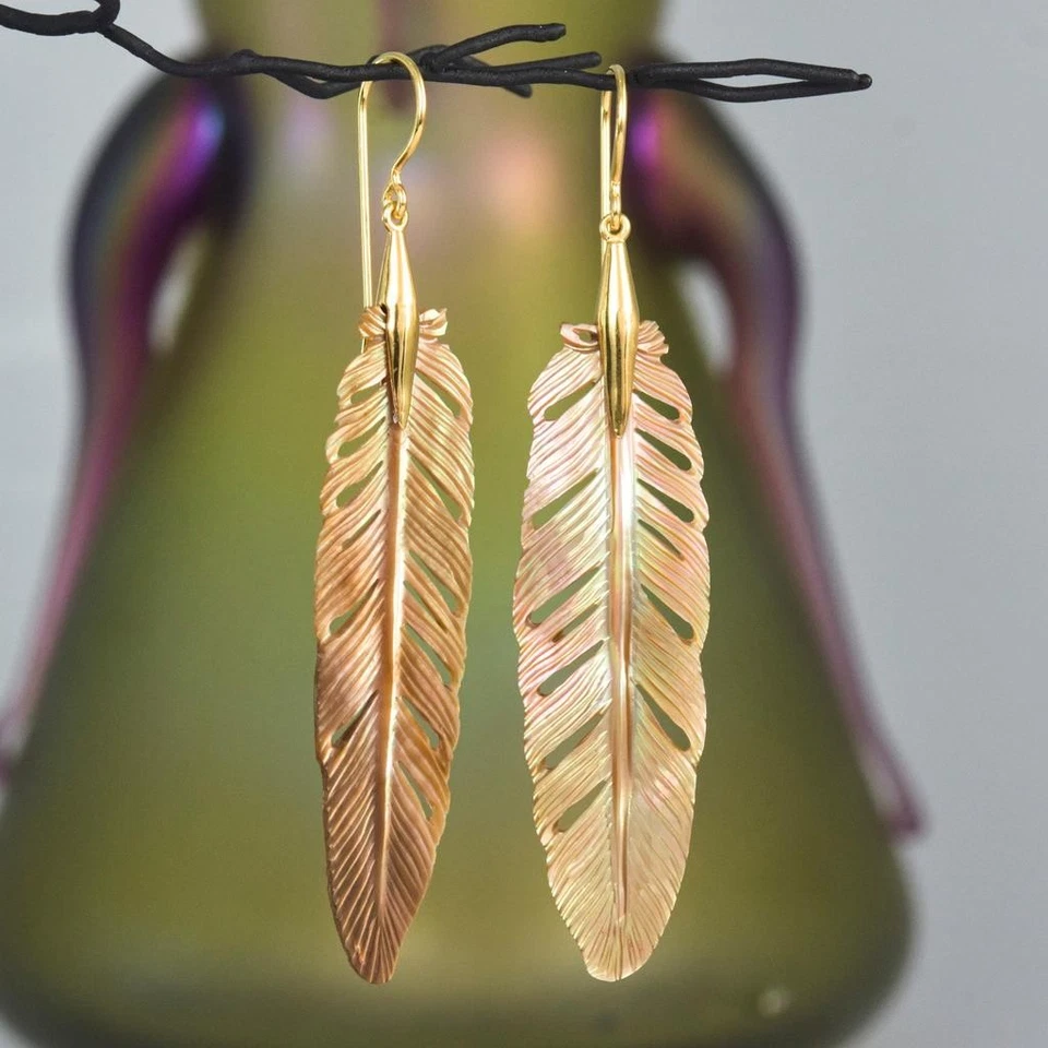 Pendientes de plumas talladas nácar y oro Vermeil en plata de ley 4,66 g Foto 3 de 4