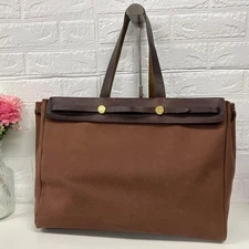 HERMES Herbag Cabas GM Tote Bag 950 Canvas Leather Brown Gold Used