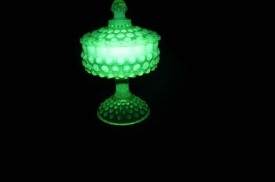 Fenton Opalescent Vaseline Hobnail Candy Dish Compote Uranium Glass Rare 8 1/2''