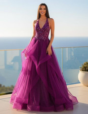 Long Purple Ruffled Ball Gown Halter Embroidered Beaded Prom Dress Size 00