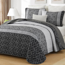 King Boho Quilt Set 3 Pc Grey Striped Plaid Bedspread 110x90 Bedding