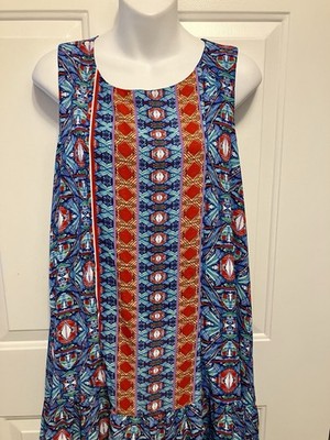 Women s Izzy & Lola Blue Red Boho Geo Print Short Dress Size Large