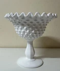 Vintage Fenton White Milk Glass Hobnail Footed Compote with RuffleTop