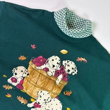 Vintage 90s Mock Neck Sweatshirt Women L Green Dalmatians Apples Country Cottage