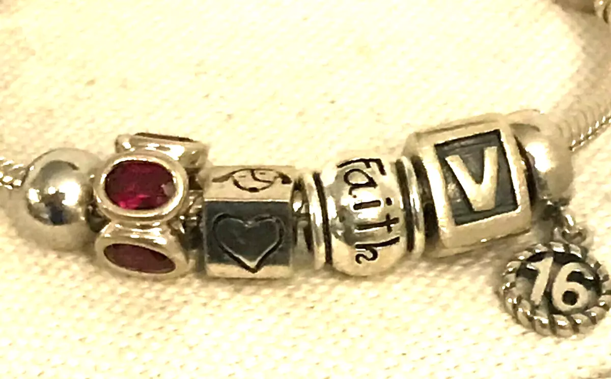 Pandora Bracelet 7 charms 2 spacers Sweet 16 Dangle Charm Ruby letter V