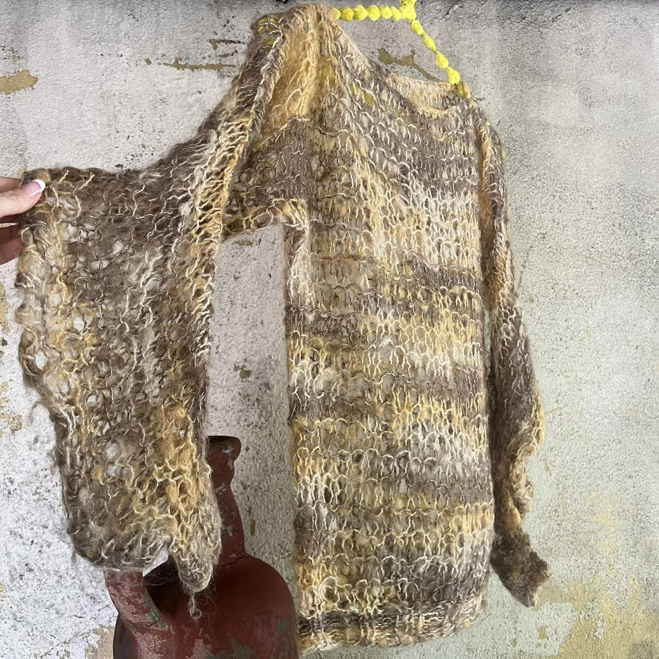 Suéter Mohair Vintage Años 40 Años 50 Tejido Ancho Lana Arena Crema y Marrón Rayas Foto 3 de 4