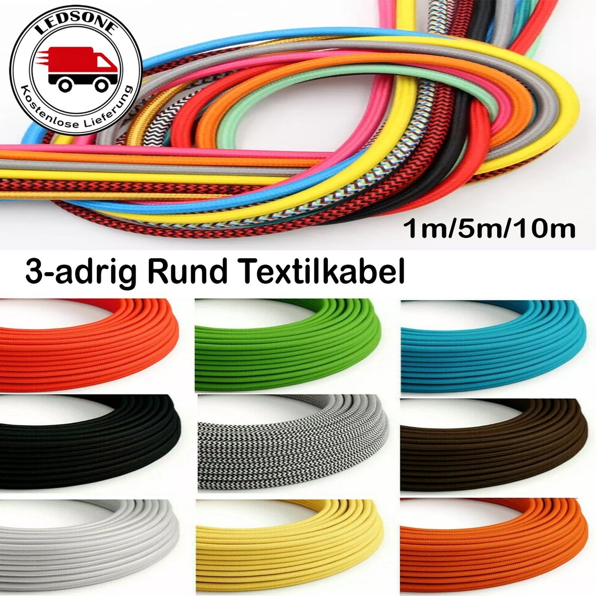 Textilkabel Für Lampen, 3-adrig (3x0,75mm²), 15m Länge, Goldfarben, Made In Italy