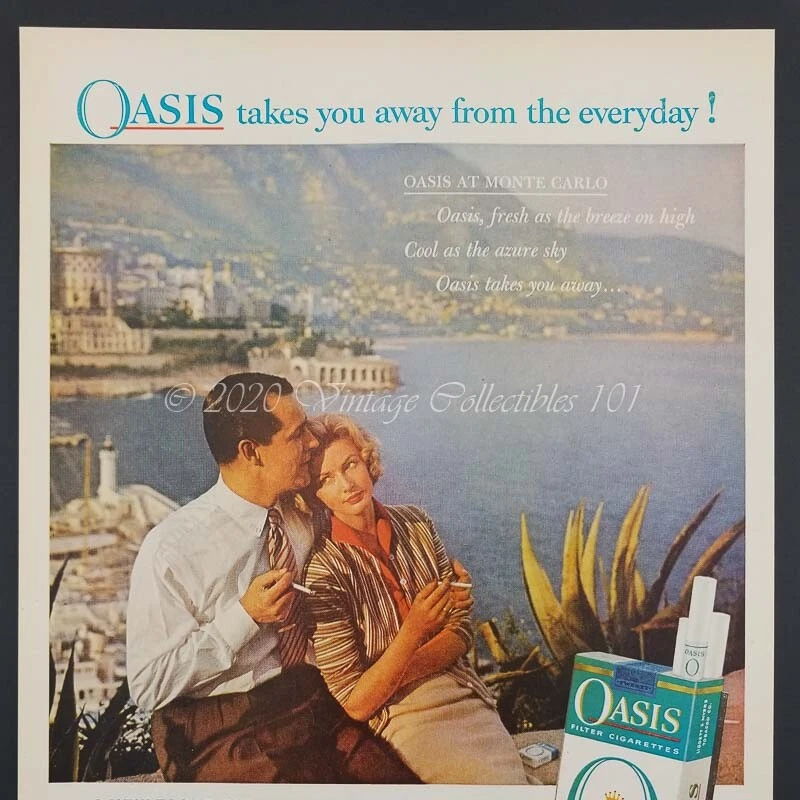 1959 Oasis Cigarettes Pareja Costa de Monte Carlo foto arte decoración anuncio impreso vintage Foto 3 de 4