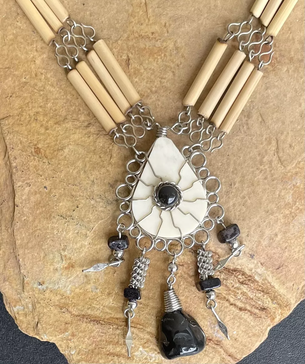 Peruvian Black Semi Precious Stone Agate Bone Bamboo Necklace