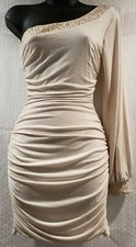 City Triangles Ivory Small One Sleeve Ruched Glitter Dress w Slit in Sleeve 