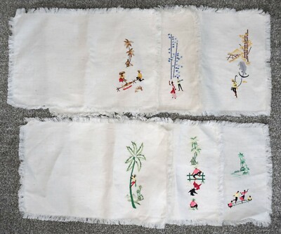 6 Piece Set White Embroidered Tropical Caribbean Place Mat Setting Cloths