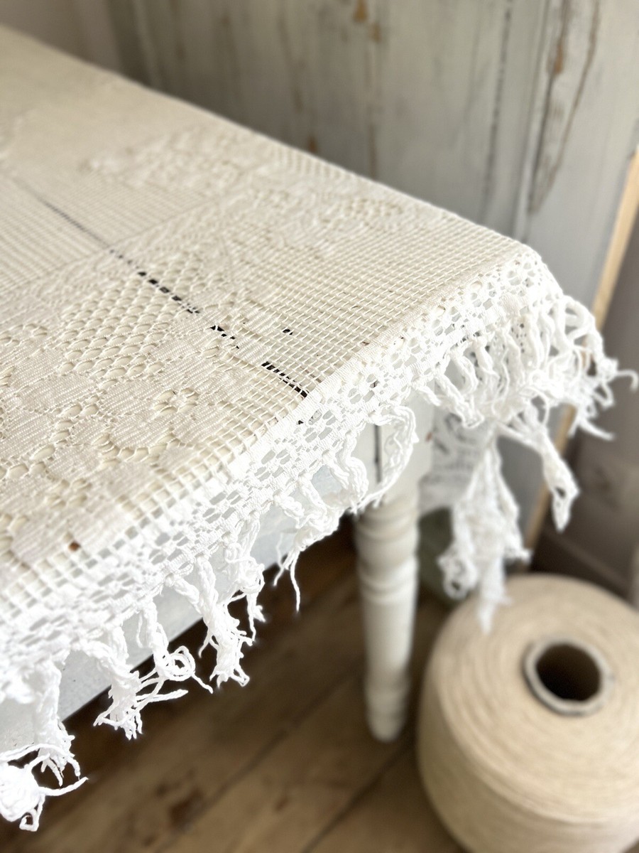 Antique French EMBROIDERED filet lace tea TABLECLOTH FRINGES