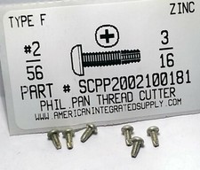 #2-56x3/16 Pan Head Phillips Thread Cutting Screws Type F Steel Zinc Plated (50)