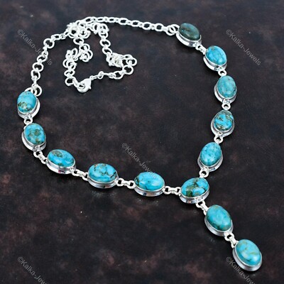 Oval Natural Tibetan Turquoise Chain Birthday Bezel Necklace Jewelry 925 Silver