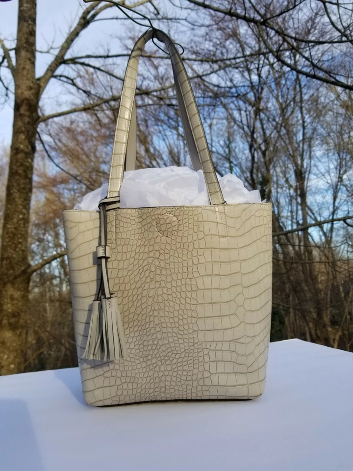 Vanilla Creme Faux Crocodile Leather Vegan Tote + Wallet & Pouch, 3 Piece Set - Image 2 of 4