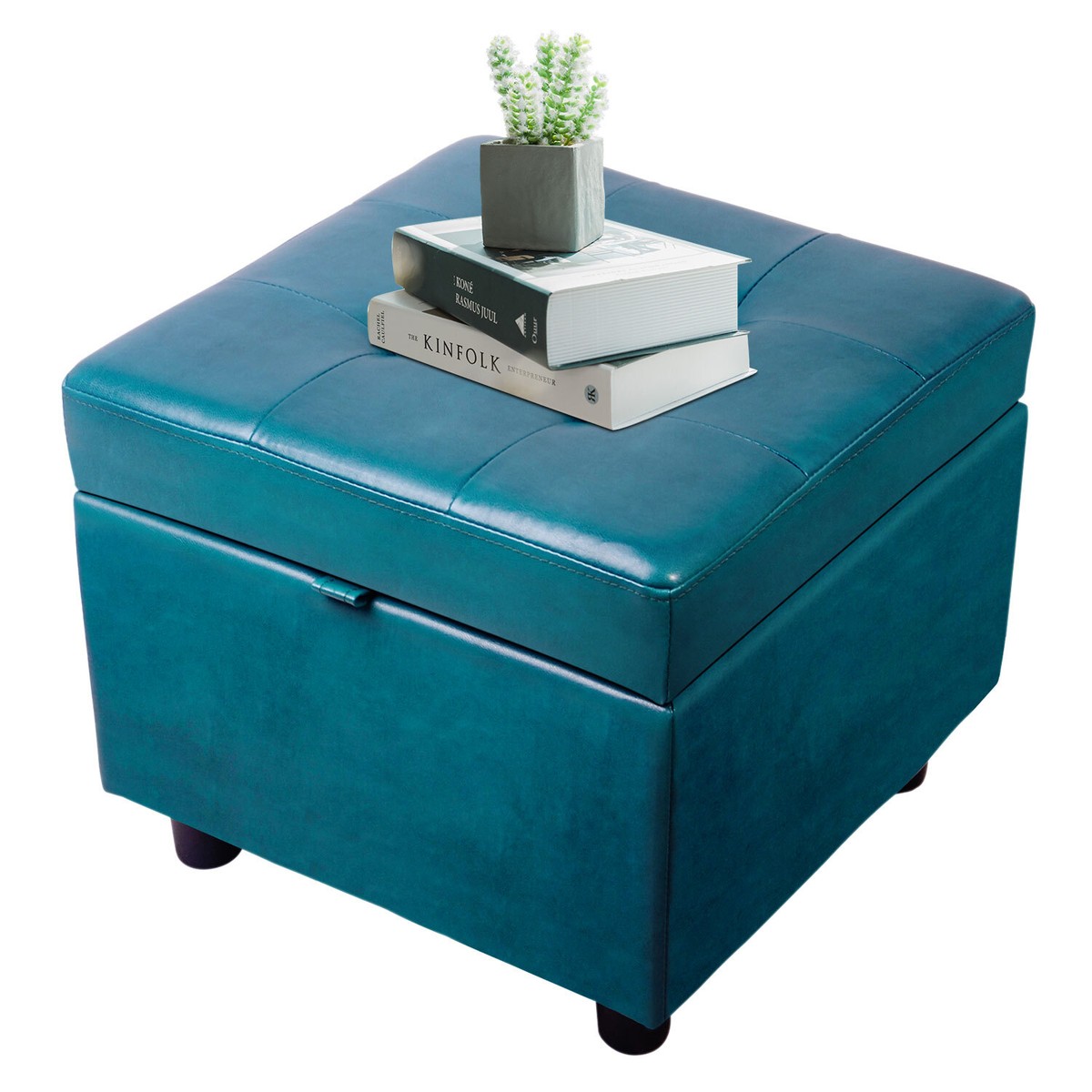 Leather Square Flip Top Storage Ottoman Cube Foot Rest Peacock