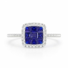 Blue Sapphire  White Cubic Zirconia 1.10 Carat Women's Silver Halo Cluster Ring