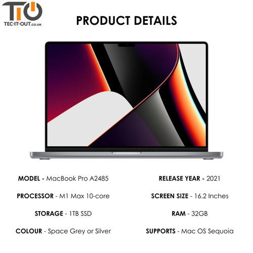 Apple MacBook Pro 16" 2021 M1 Max (10-C CPU | 32-C GPU) 1TB SSD 32GB RAM | A2485 - Afbeelding 2 van 12