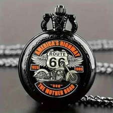 Vintage Style Route 66 Men's Pocket Watch Classic Stainless Steel Necklace Watch