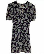 Topshop Dress Floral Purple Black Size 10 Short Sleeves Lined V Neck Flowy