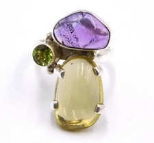 9.80 Gm 925 Sterling Silver Natural Multi Gemstone Handmade Ring Size 7.5" US