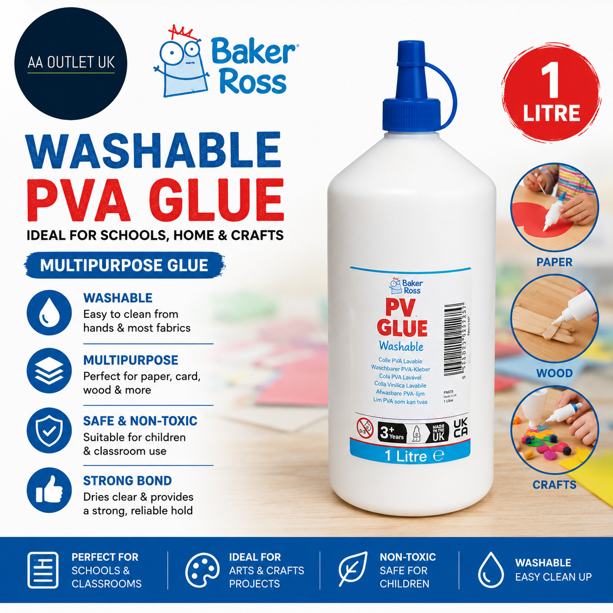 Baker Ross FN078 Washable PVA Glue PVA Schools Teaching Supplies Multipurpose