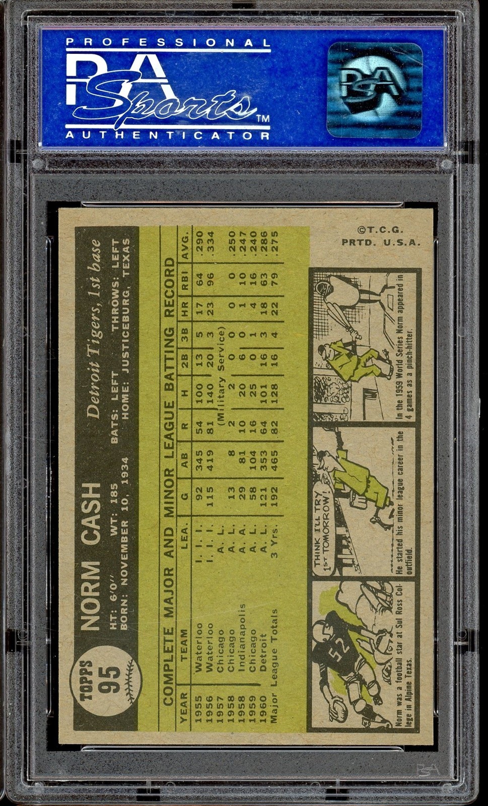 1961 Topps Baseball #95 Norm Cash PSA 8 view 2