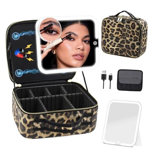 Makeup Bag with Lighted Mirror, Travel Leopard-Detachable Magnetic Detachable-image