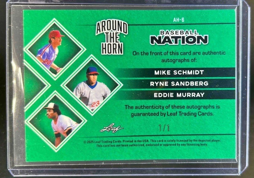 Leaf Baseball Nation 2025 Mike Schmidt Sandberg Murray Around The Horn automático #1/1 Foto 2 de 2