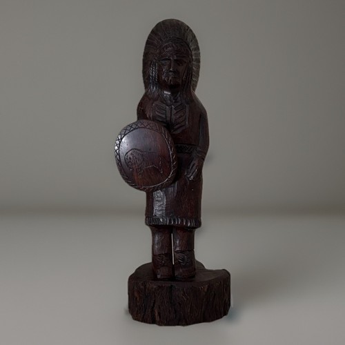 Carved Wood Native American Chief Statue w/ Shield