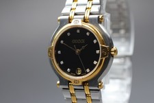 Near MINT Vintage GUCCI 9000L Gold Black Dial 11P Diamond Quartz Woman's Watch