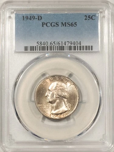 1949-D WASHINGTON QUARTER - PCGS MS-65, PRETTY GEM!