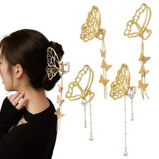 4 PACK Metal Big Gold Butterfly Hair Clips Clamp Tassel Nonslip Claw Hair Acc...