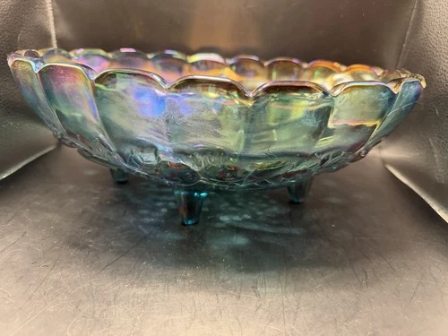 Vintage Blue Carnival Glass Footed Bowl Iridescent Scalloped Rim