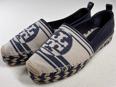 Tory Burch Espadrille Leather Woven Jacquard Canvas Flat Navy Cream Size 10