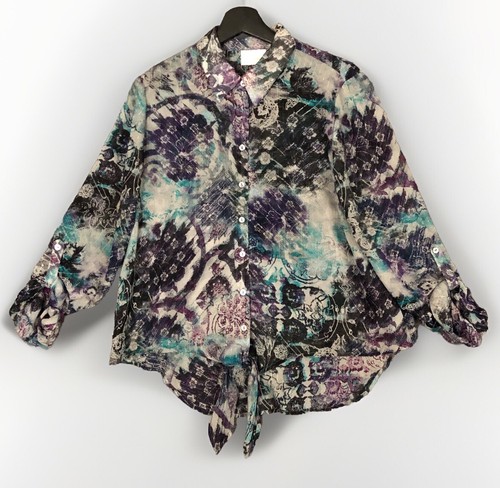 Chico's Top Damen 1 M halbtransparent metallic abstrakt Blumen vorne zum Binden Knopf Boho