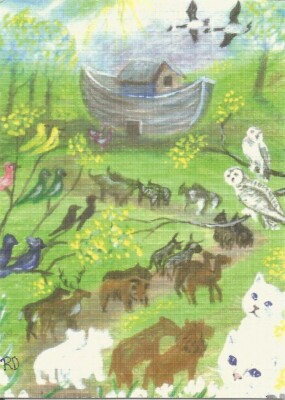 ACEO Print ''Noahs' Ark'' cats, deer,birds monkeys zebra owlselephants lions bears