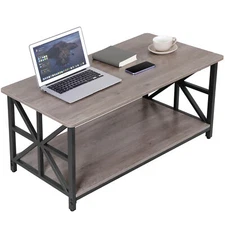 Industrial 39" Coffee Wood Look Accent Table With Storage Shelf For Living Room