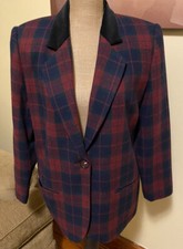 VTG Sag Harbor Green Blue Red Plaid Blazer Velvet Collar Size 10 Petite