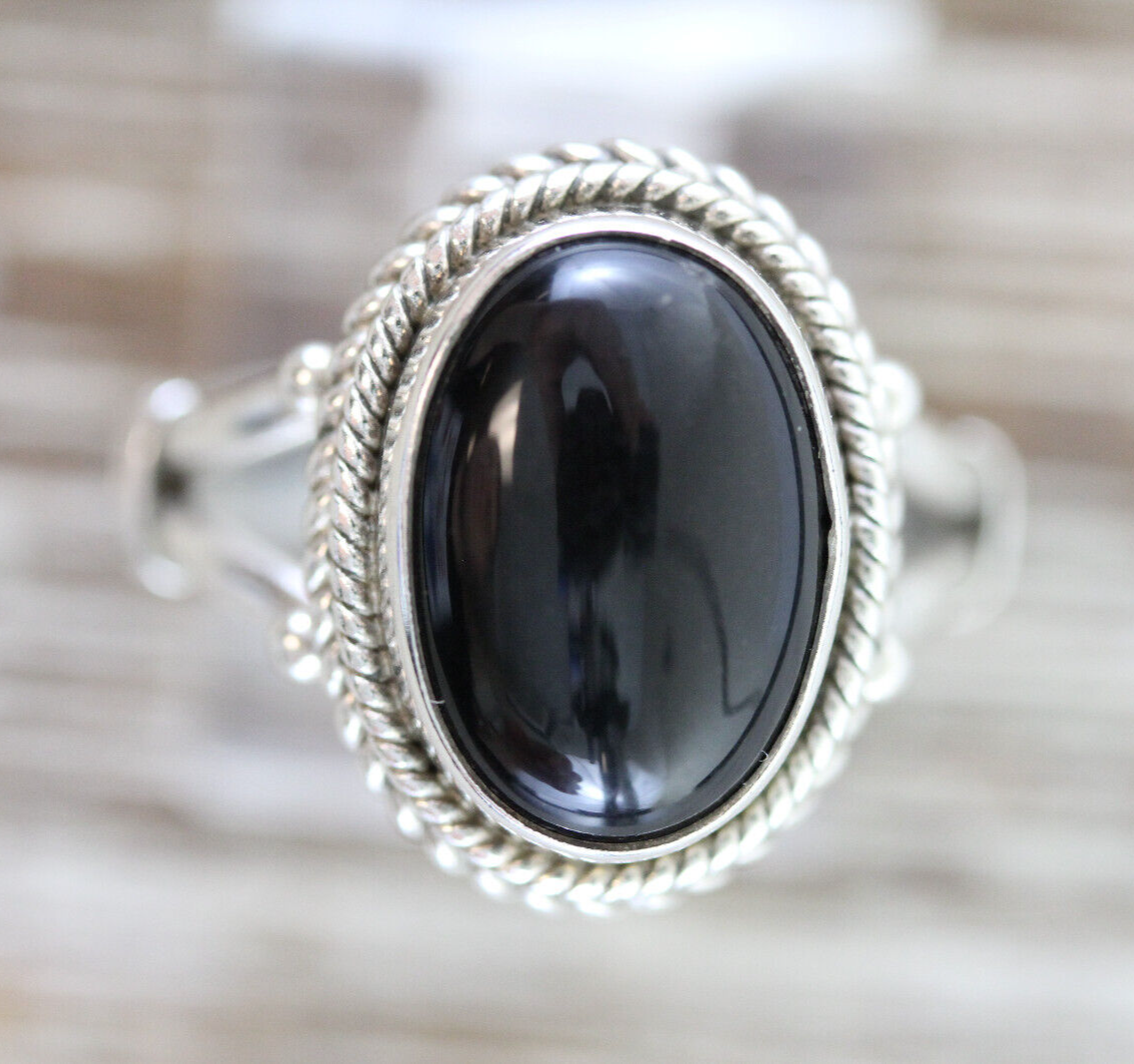 VINTAGE BLACK ONYX BALI STERLING SILVER 925 NATURAL STONE RING SZ  LUXURY
