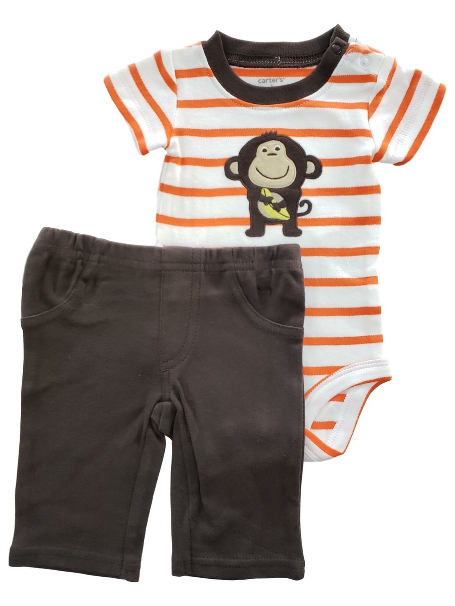 Carters Infant Baby Boy Monkey Stripe Piece Cotton Romper Pants Outfit  Set 9M