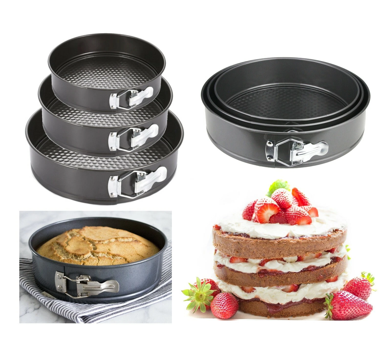 3 Round Cake Tins Set Non Stick Spring Form Loose Base Baking Pan Catering