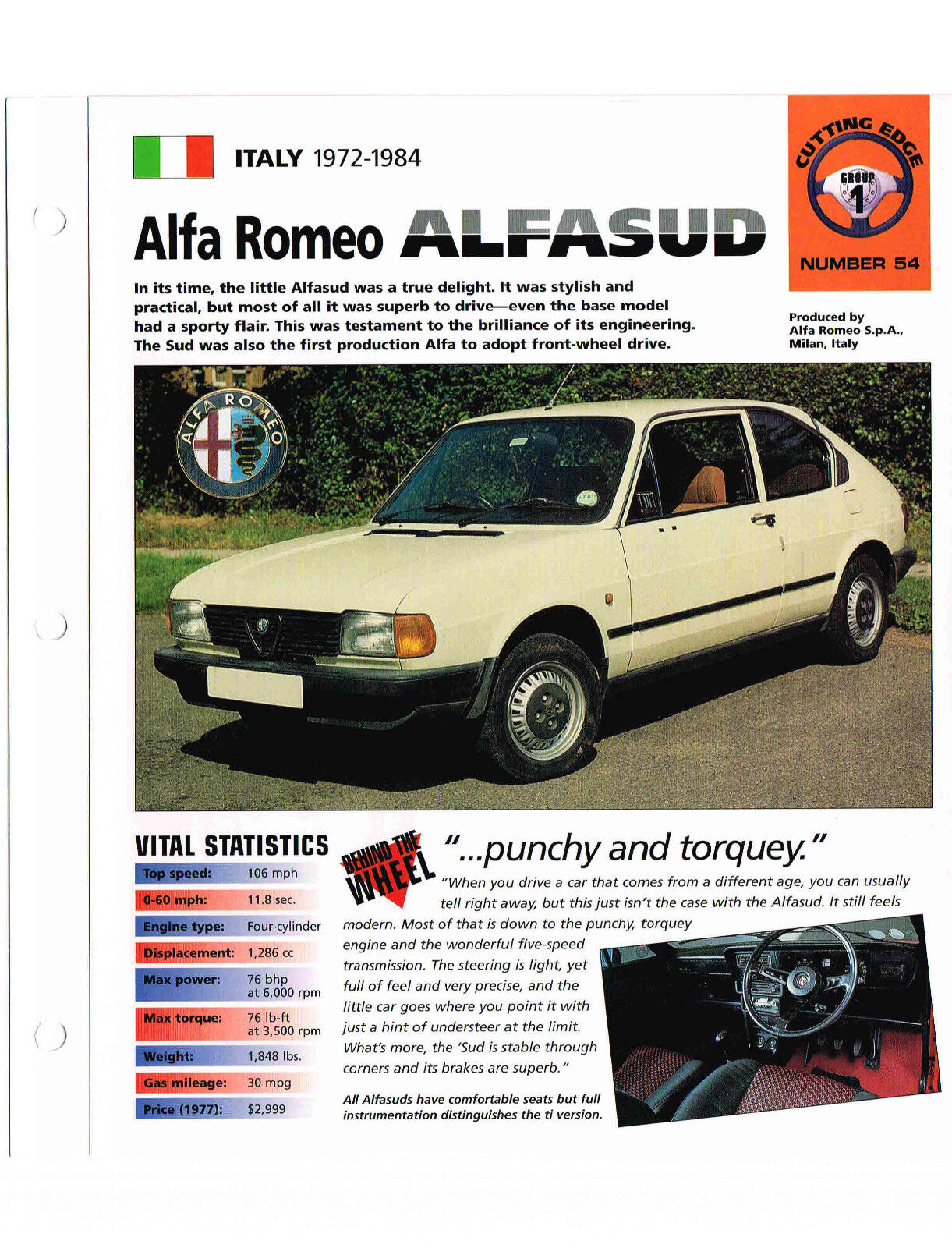 1977 / 1978 /1979 ALFA ROMEO ALFASUD SPEC SHEET/ Brochure / Catalog: 1300  ti,'78