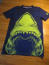 Under Armour Boys YMD Fitted Heat Gear T shirt navy blue with shark graphic