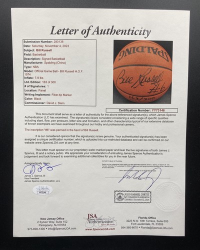 Bill Russell HOF 74 Signed JSA LOA Authentic Leather NBA Basketball 163/300 RARE - Picture 4 of 5